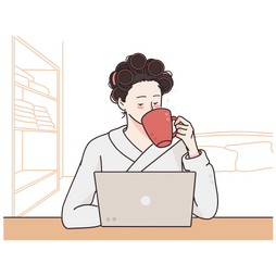 Eine Frau mit Lockenwicklern und Kaffeetasse sitzt vor ihrem Laptop und ist online.